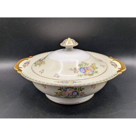 Meito China Round Covered Vegetable Serving Bowl Atwater Floral Gold Gilt 10" - Picture 3 of 8